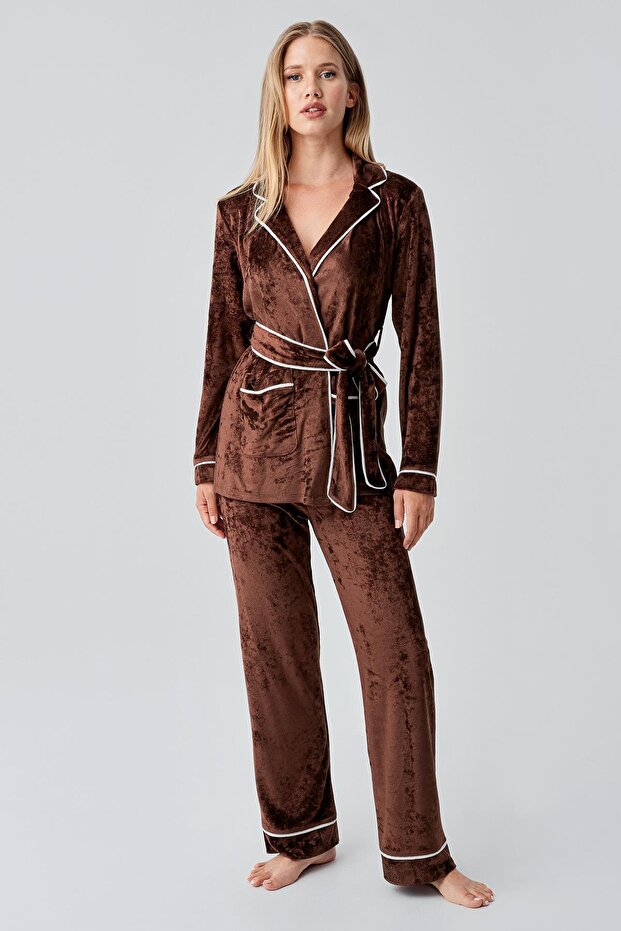 Long Sleeve Kimono Velvet Stretchy Viscose Pajama Set 18216