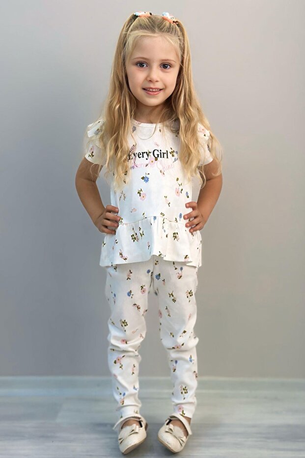Girl's Leggings Set with Floral Pattern and Ruffle Detail on the Sleeves, Ages 2-6, Ecru