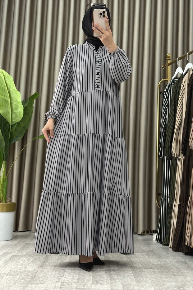 Ayli̇n Dress Knitted Fabric Women's Gray Collar Openable Buttoned and Stripe Detailed Hijab Dress