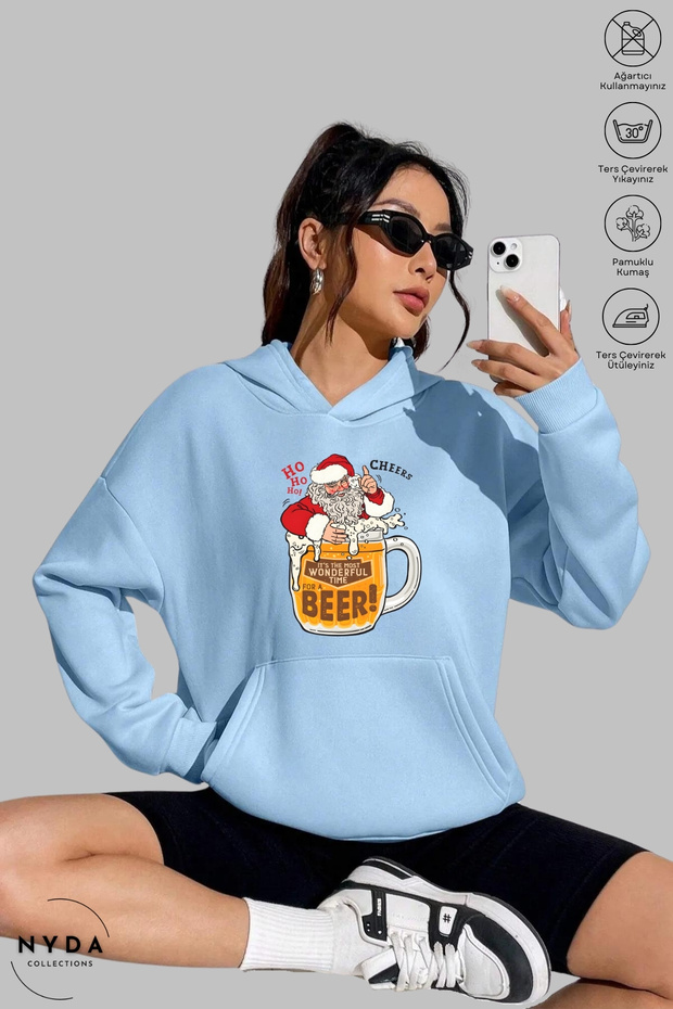 Unisex Hoodie Long Sleeve Santa Claus Printed Hooded Fleece-Lined Oversized Cotton Sweatshirt