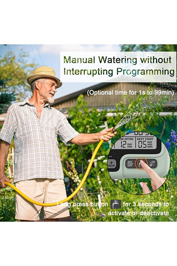 1-Zone Automatic Irrigation Timer - IPX5 Waterproof LCD, Rain Delay, Child Lock - 6