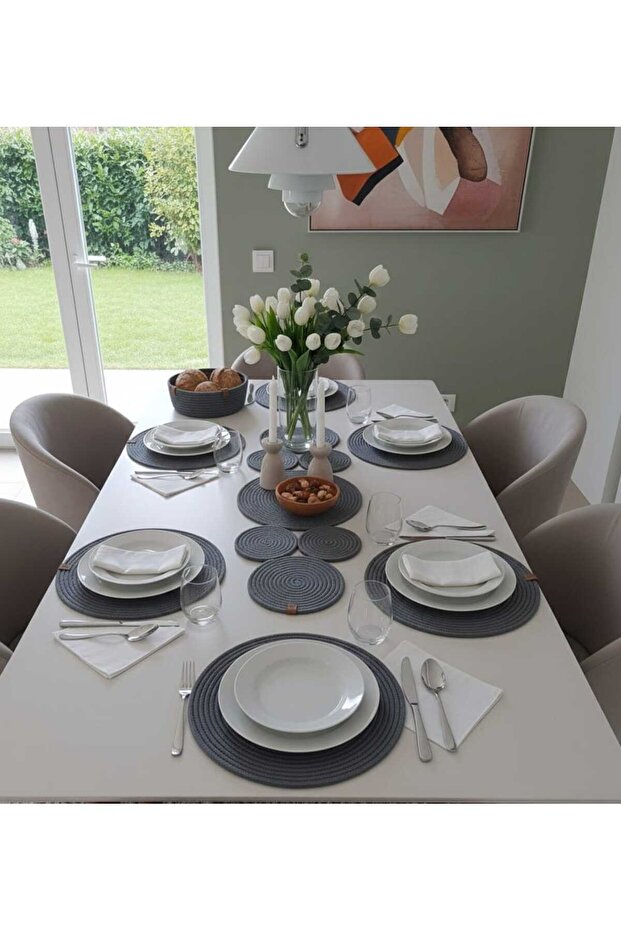 Gray Salkım Model Jute American Dinner Set – 8 Pieces Including Placemats, Runner, and Bread Basket