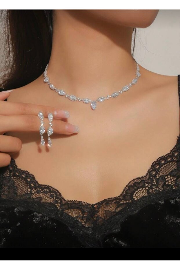 Nilüfer Necklace, Earrings and Bracelet Set, Set of 2, Suitable for Invitations, Weddings, Engagements, Evening Dresses, Daily Use