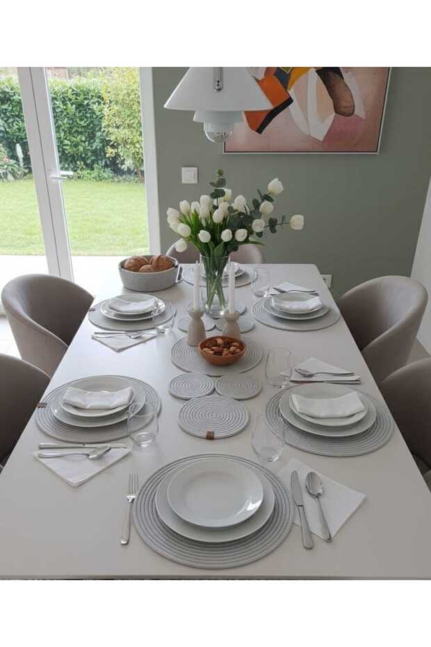 Light Gray Salkım Model Jute American Dinner Set – 8 Pieces Including Placemats, Runner, and Bread Basket