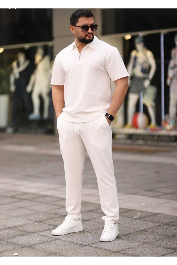Polo Collar (T-Shirt + Pants) Comfortable Fit Zipper Detail Top and Bottom Set