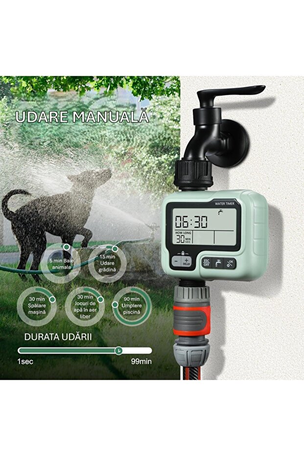 1-Zone Automatic Irrigation Timer - IPX5 Waterproof LCD, Rain Delay, Child Lock - 3