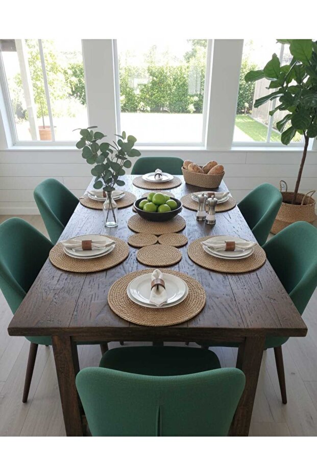 Jute, Salkım Model American Dinner Set / 6 Pieces Plates / 1 Piece Runner / 1 Piece Bread Basket