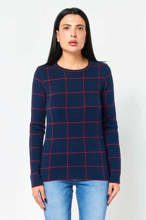 Women Crew Neck Windowpane Sweater, Multicolor