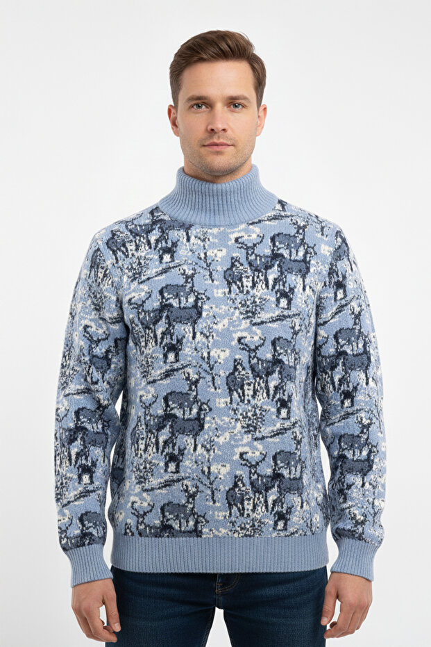 سترة رجالية بنمط نصف ياقة صياد منقوشة بنقش الغزلان - 1