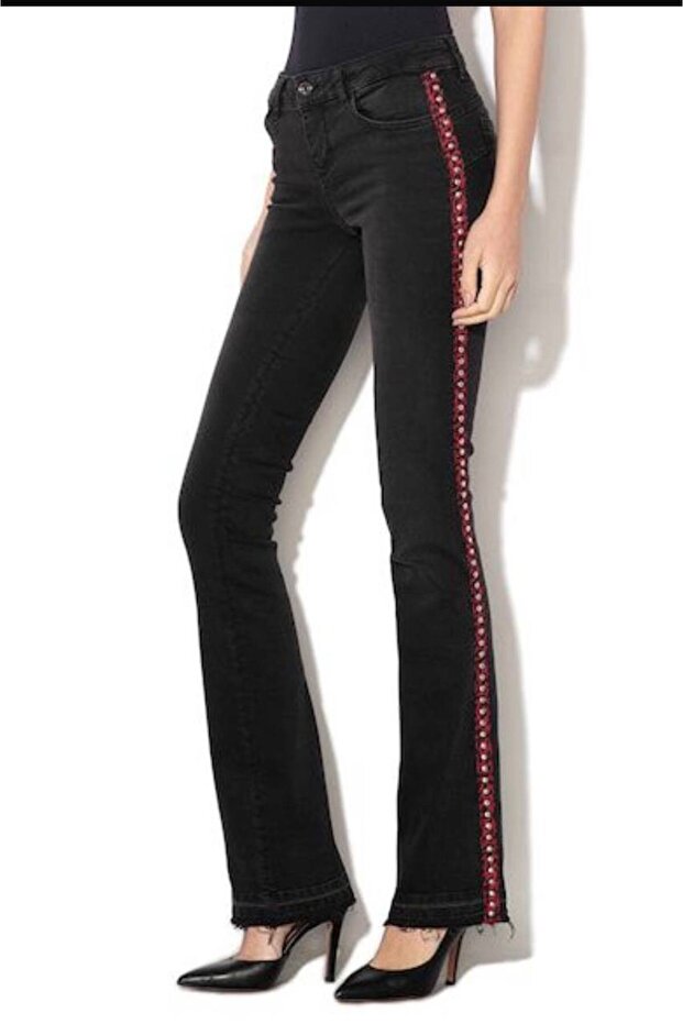 Low Waist Denim Pants Lightweight Flared Side Stripe Detail