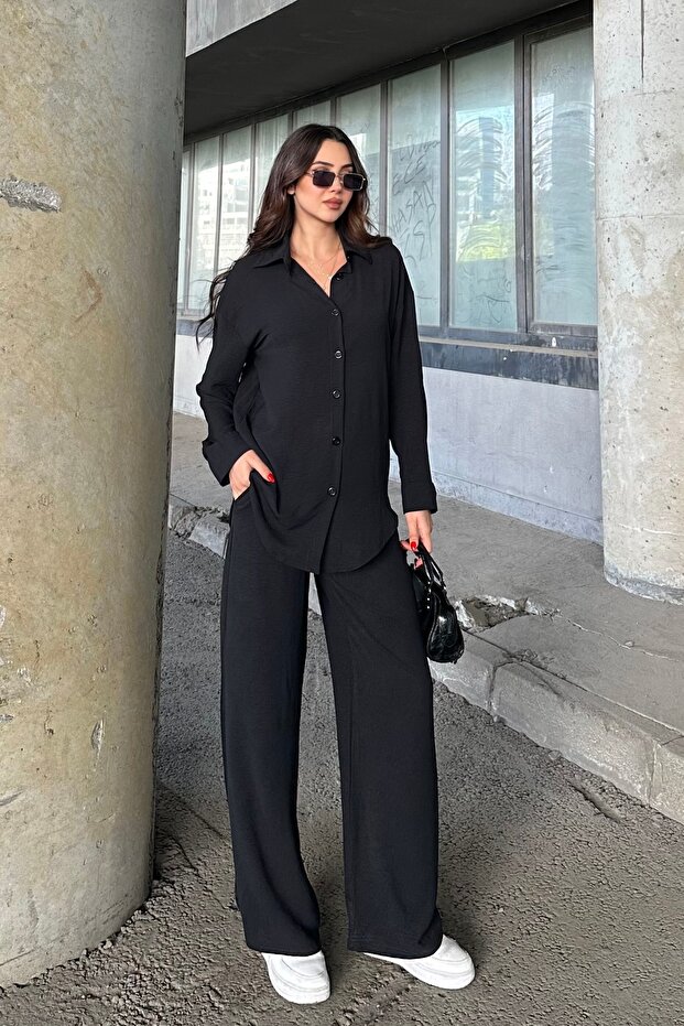 Oversize Comfortable Fit, Long Sleeve Shirt and Wide-Lettered Loose-Fit Pants Aerobin Set