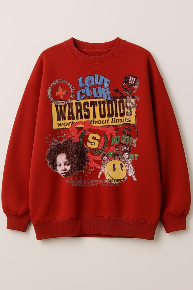 Red Unisex Women Men Dtf Printed Oversized Sweatshirt