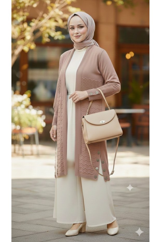 Premium a Quality Dried Rose with Slit Metal Buttons on the Sleeves and Sides, Steel Knitwear Hijab Cardigan