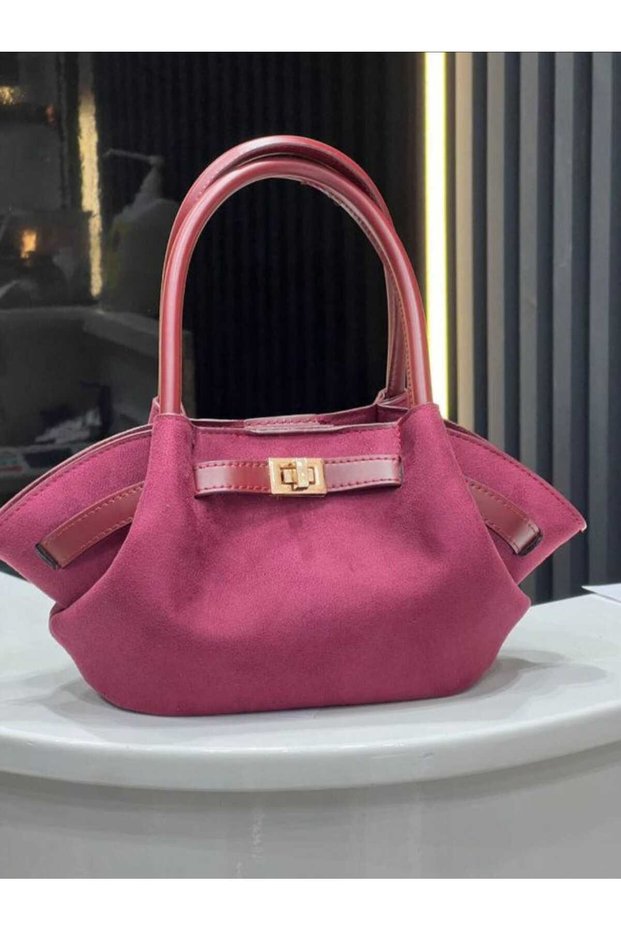 Women's Suede Belt Detail Hand and Shoulder Bag Burgundy