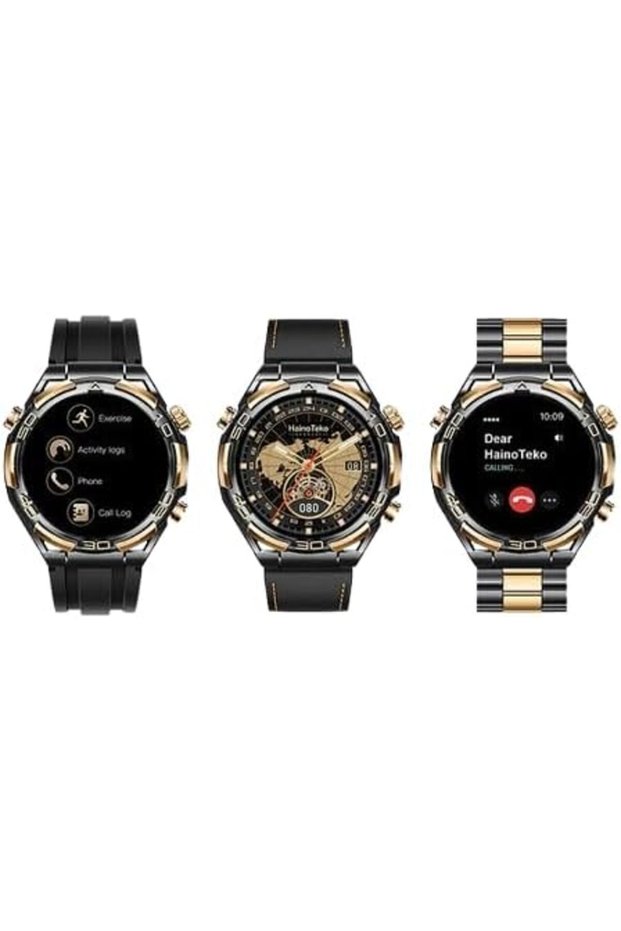 Round Smart Watch with 3 Pair Strap with Wireless Charger for Mens and Boys (RW 70 Black a