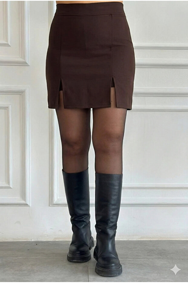 Steel Fabric Front Back Skirt Look Stretch Fabric Shorts Skirt Brown