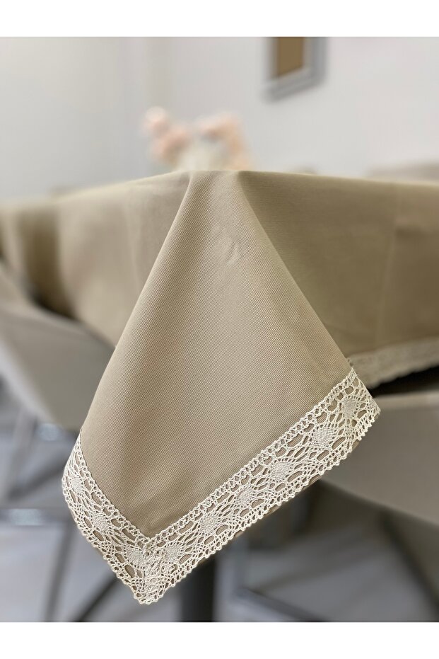 Linen Guipure Detailed Tablecloth 140X220 cm (Stain-Resistant, Liquid-Proof)