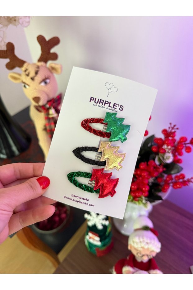 3-Piece Pine Tree Detailed Glittery New Year's Compliant Girl Child Baby Mother Woman Buckle Set
