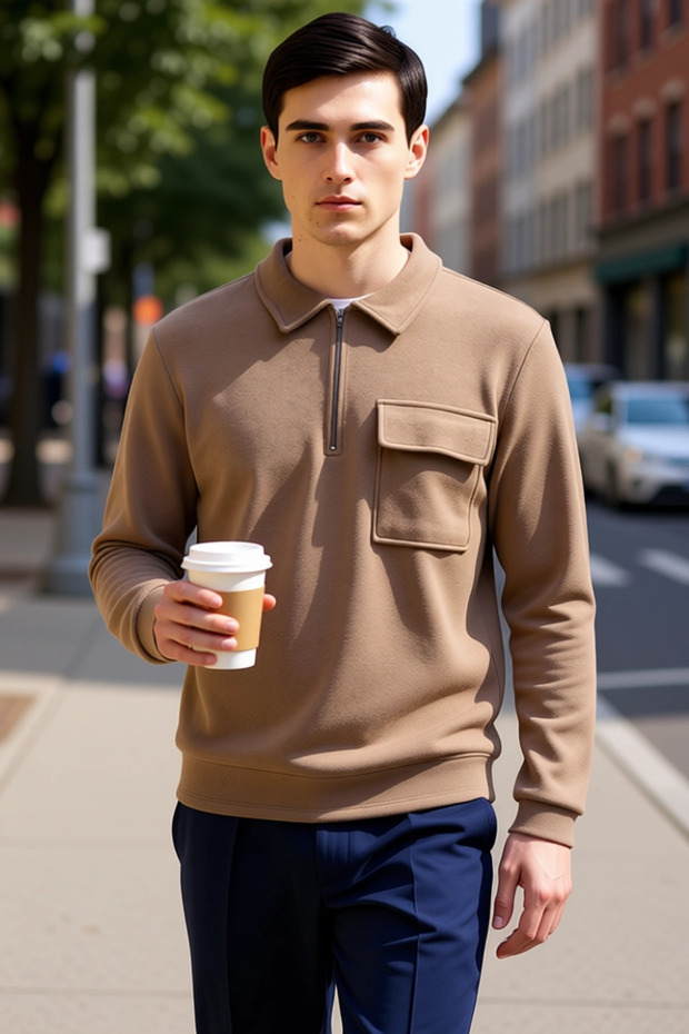 Men's Polo Neck Zippered Pocket Detailed 100% Cotton Sweatshirt Functional Durable Quality
