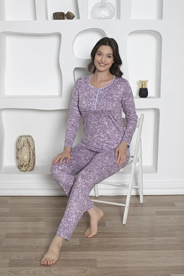 Women's Long Sleeve Floral Pattern Cotton Pajamas Set