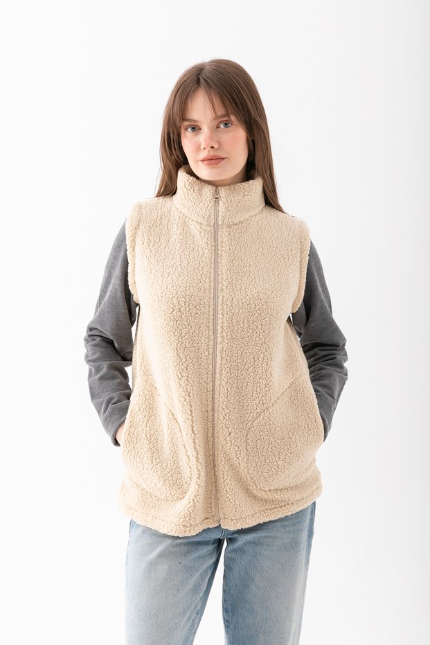 Women's Cream Stand Collar Zippered Fleece Vest