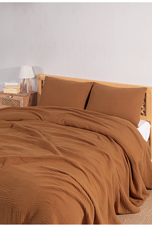 طقم غطاء سرير مزدوج - 230×250 سم، 4 طبقات من الموسلين الصيفي مع غطاء وسادة (3 قطع)