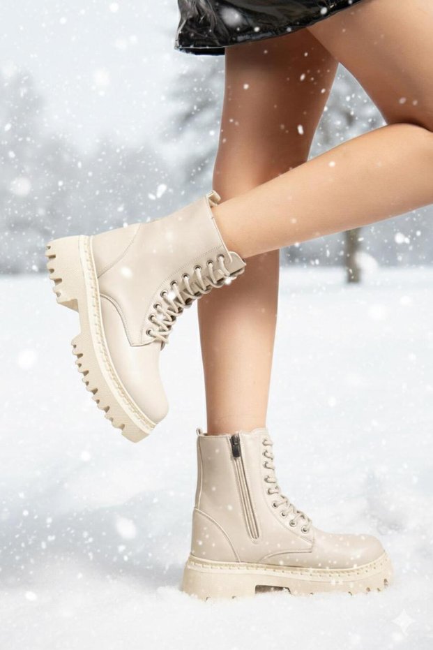 Water and Cold Resistant Non-Slip Sole Zippered Fur Inside Waterproof Women's Beige Boots