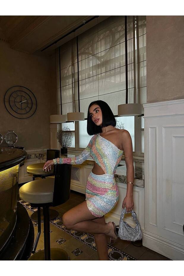 Kadın Pullu Cut-Out Tek Omuz Elbise - 3