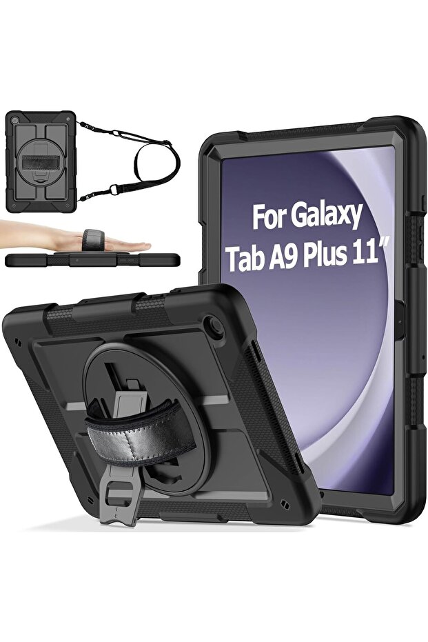 Case for Samsung Galaxy Tab A9+ Plus 11 Inch 2024 with 360° Swivel Handle Strap, Black