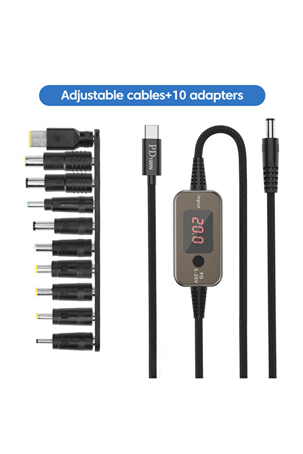مع 10 محولات 100 واط USB C إلى كابل تعزيز الطاقة DC من النوع C إلى DC يمكن تعديله من 5 فولت إلى 20 فولت