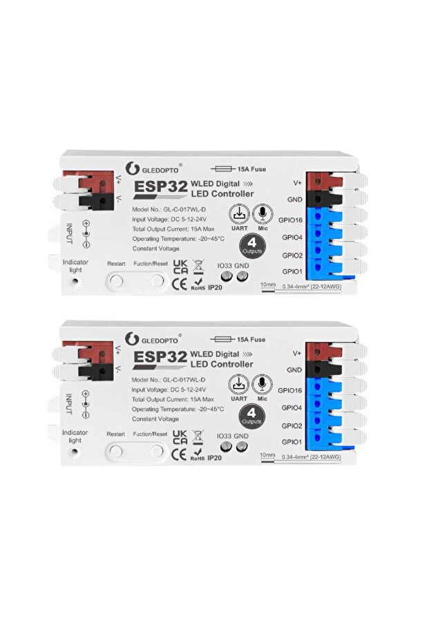 2 قطعة ESP32 وحدة تحكم شريط WLED بمخرج 4 قنوات 15A وصلة فيوز محول مستوى UART تنزيل DIY Dyna