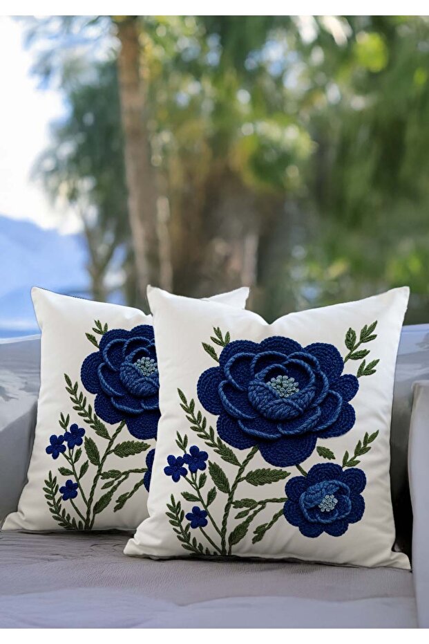Navy Blue Floral Patterned Punch Look 3D Digital Printed Throw Pillow Covers Set of 2