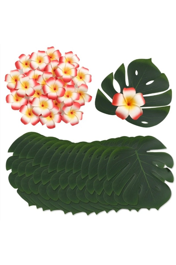 12Pcs Red 12Pcs Christmas Silk Artificial Monstera Palm Leaves Plumeria Flowers for Hawaiian Tropica