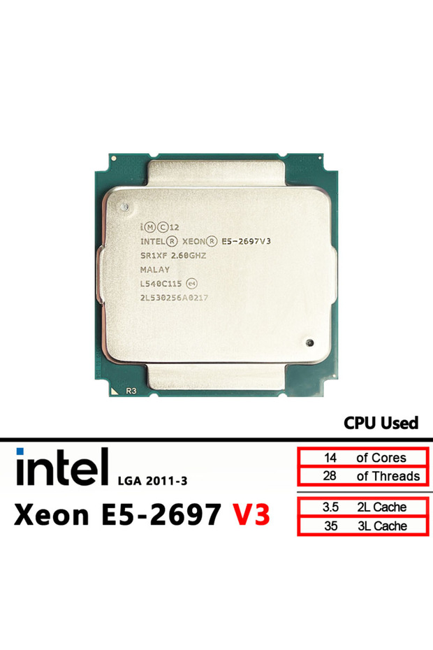 معالج Xeon E5-2697V3 مستعمل، بتردد 2.6 جيجاهرتز، 14 نواة، 28 مسارًا، ذاكرة تخزين مؤقتة 35 ميجابايت، استهلاك طاقة 145 واط.