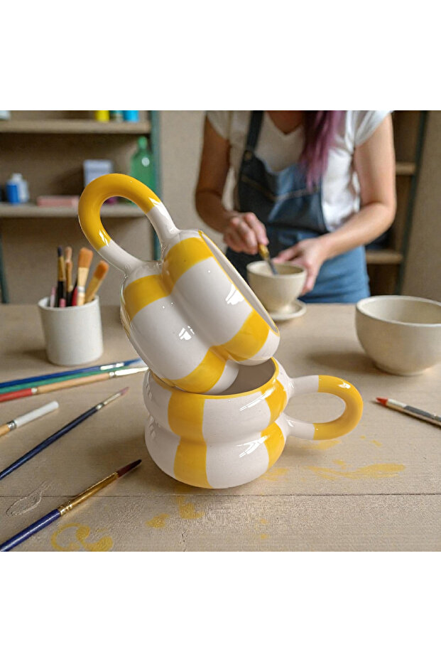 2-Piece Handcrafted Striped Twist Drop Handle Natural Ceramic Mug Cup Tea / Cappuccino Cup