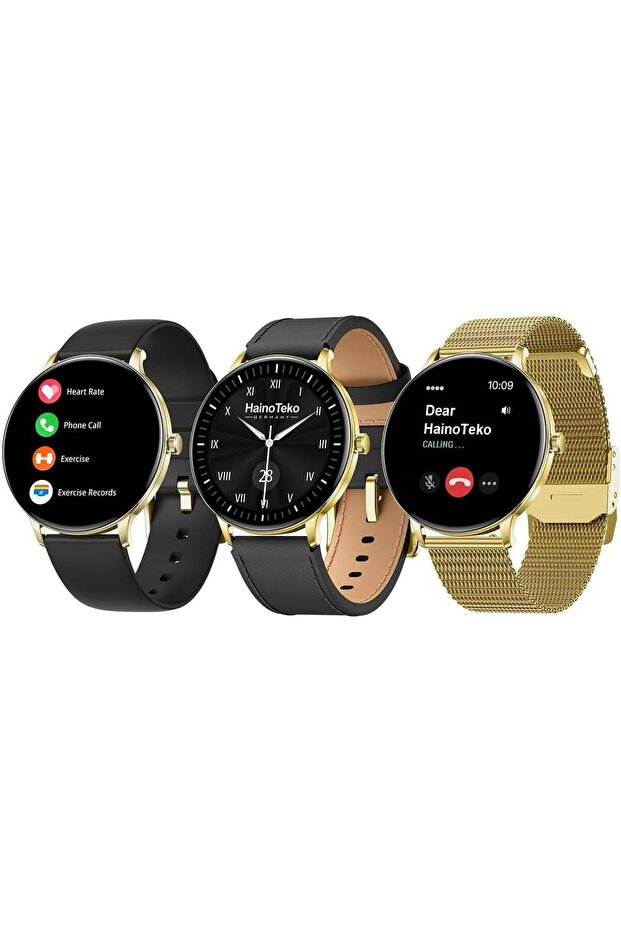 -27 Super Slim Waterproof Smart Watch with AMOLED, Bluetooth Calling, 3 Straps (Gold)