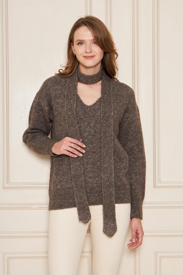 Women's Soft Textured V-Neck Oversized Wool Knitwear Sweater Scarf Set 7141 Brown