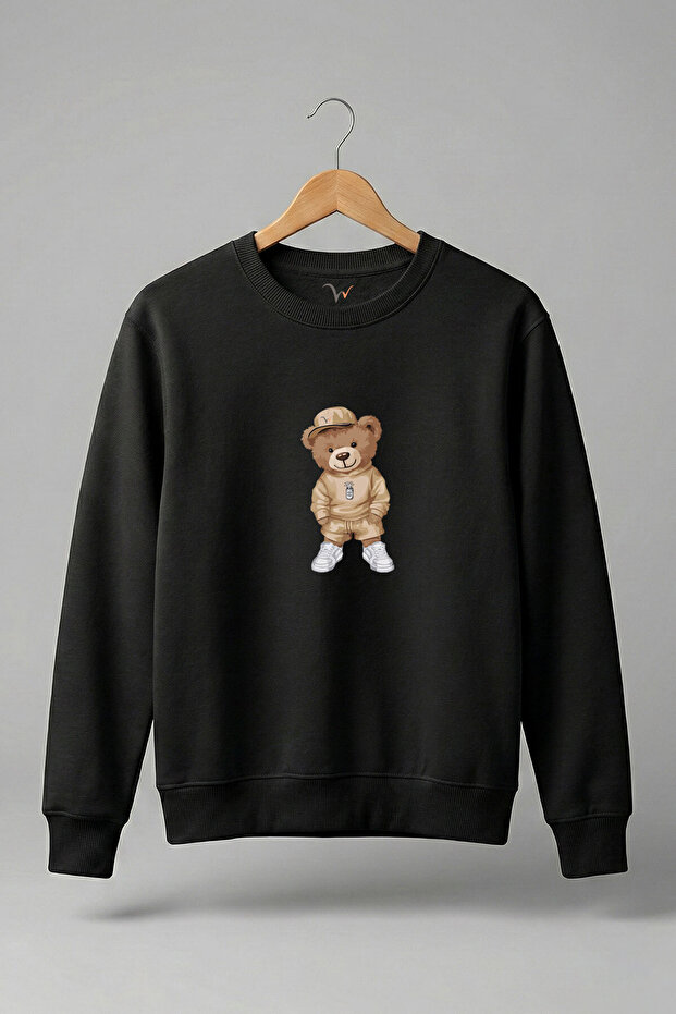 Teddy Bear Printed Regular Fit 3 Thread Fleece-Lined Crew Neck 100% Cotton Black Sweatshirt
