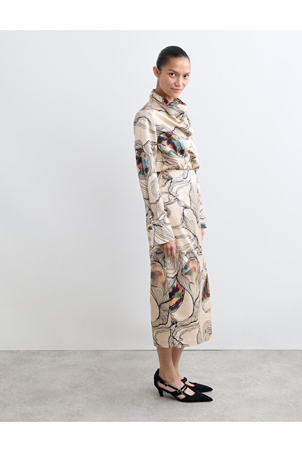 İpek Karışımlı Baskılı Midi Etek - 4