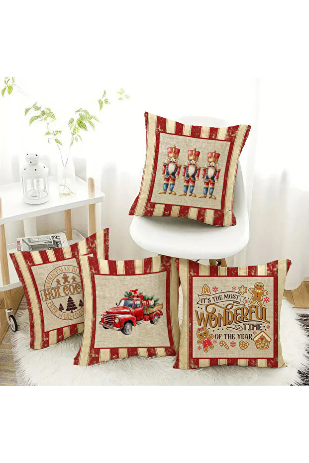 Set of 4 New Year's and Lead Soldier Patterned Velvet Cushion Covers – Double Sided Printed 43X43 cm
