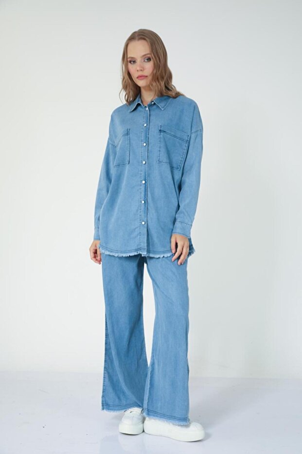 5841 - Stylish Comfortable Thin Denim Fabric Women's Soft Pants Shirt Set