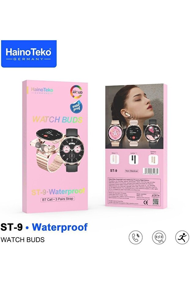ST 9 Waterproof Smart watch Earphone with 3 pair Strap and Wireless Charger For Ladies