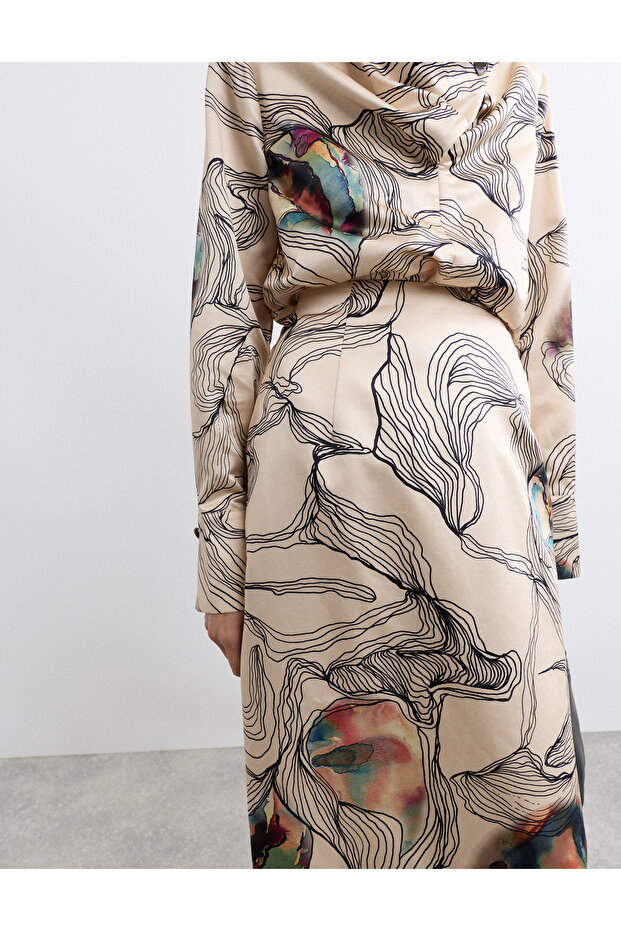 İpek Karışımlı Baskılı Midi Etek - 2