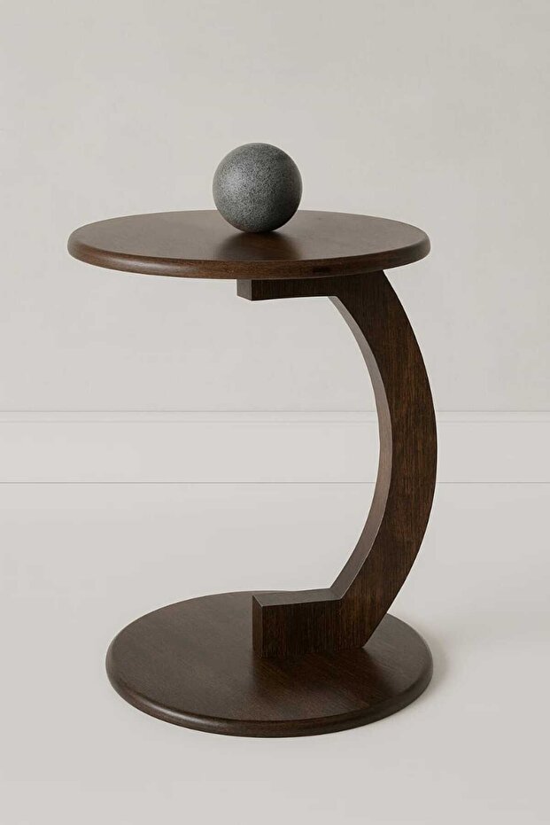 SKY-TOUCH Round C-Shaped End Table, Metal Frame, Walnut (40x40x60cm) - 1