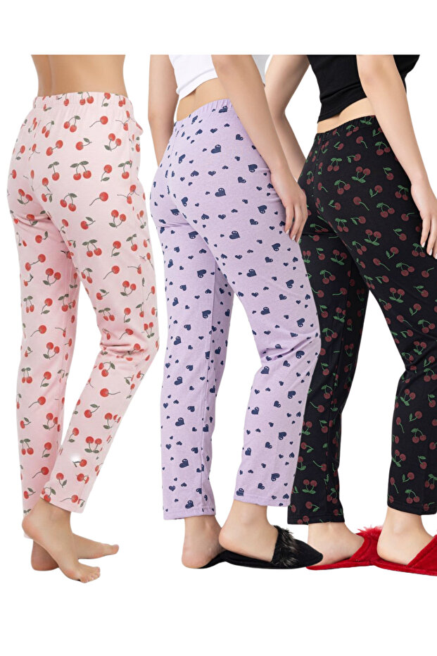 3-Pack Cotton Thin Breathable Fabric Ribbon Waist Detail Printed Pocketless Women's Pajama Bottoms