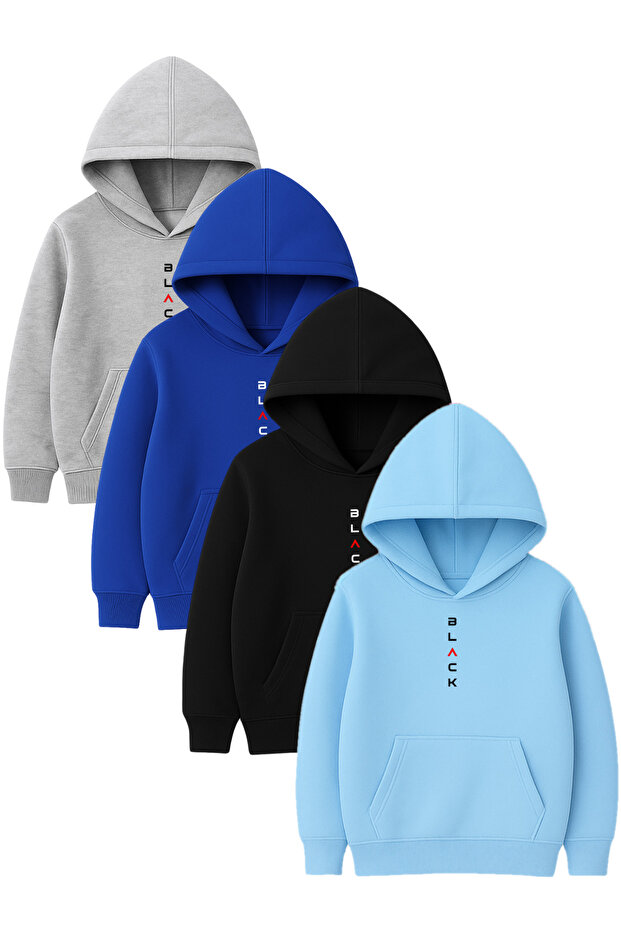 4-Piece Unisex Hooded Hoodie Set – Black Printed Kangaroo Pocket Sweatshirt