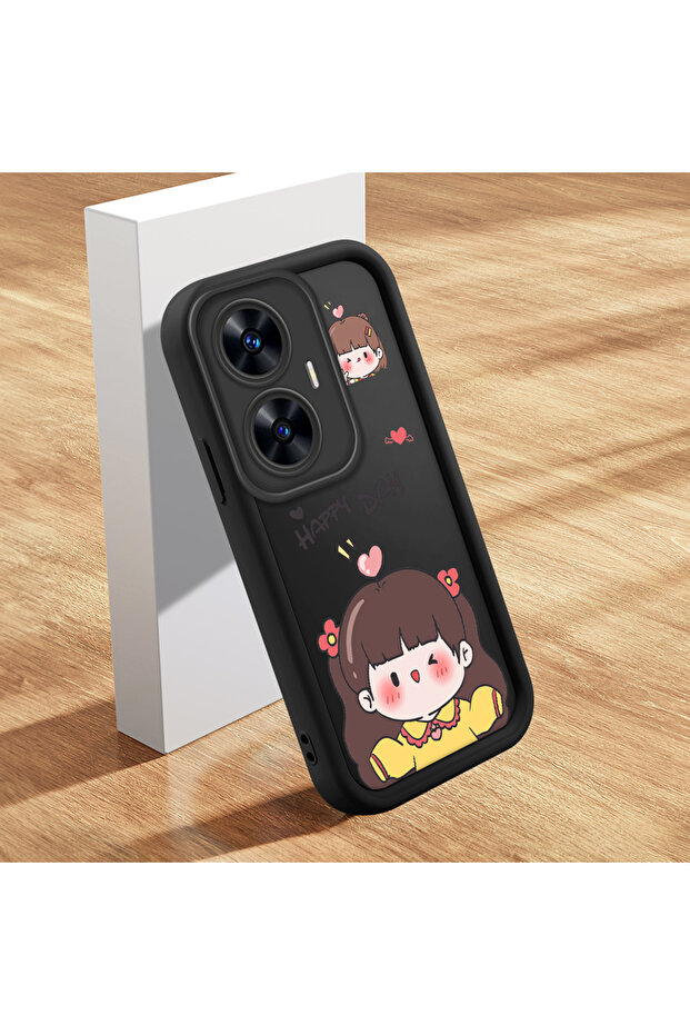 Realme C55 Compatible Shockproof Cute Patterned Black Silicone Case - 1