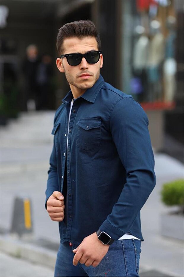 Petrol Color Men's Denim Shirt with Snap Buttons