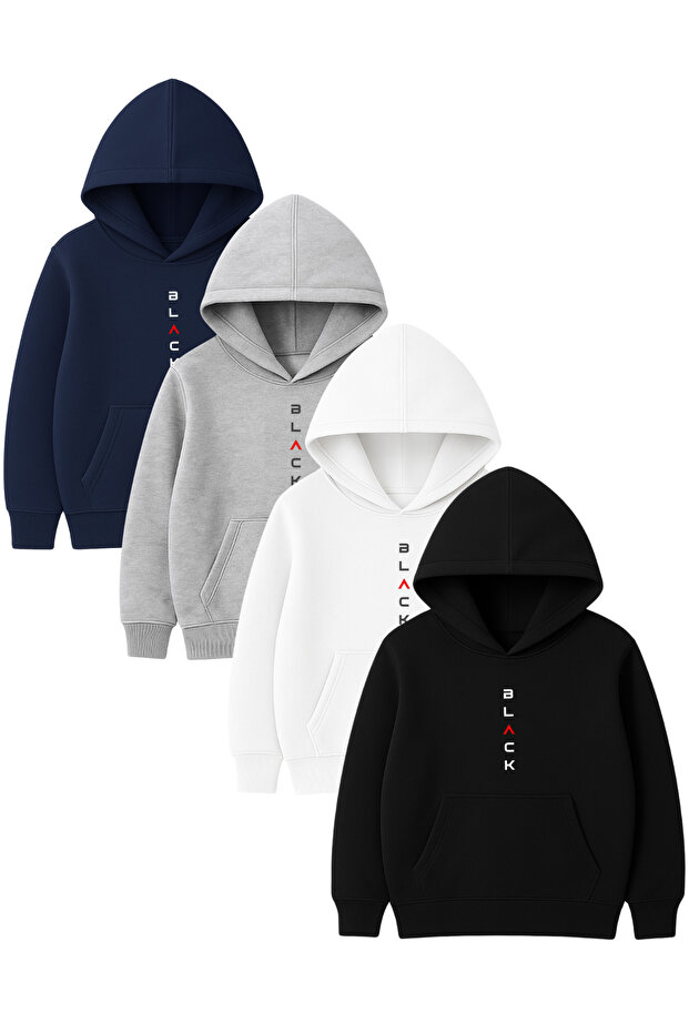 4-Piece Unisex Hooded Hoodie Set – Black Printed Kangaroo Pocket Sweatshirt