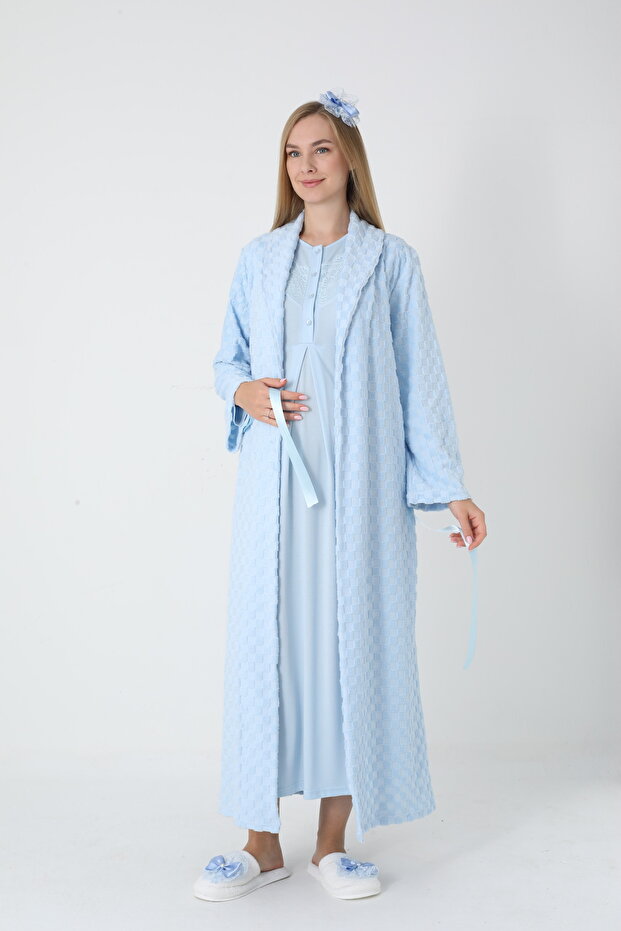 Lace Breastfeeding-Friendly Maternity Nightgown and Checkered Jacquard Dressing Gown Set - Viscose Cotton